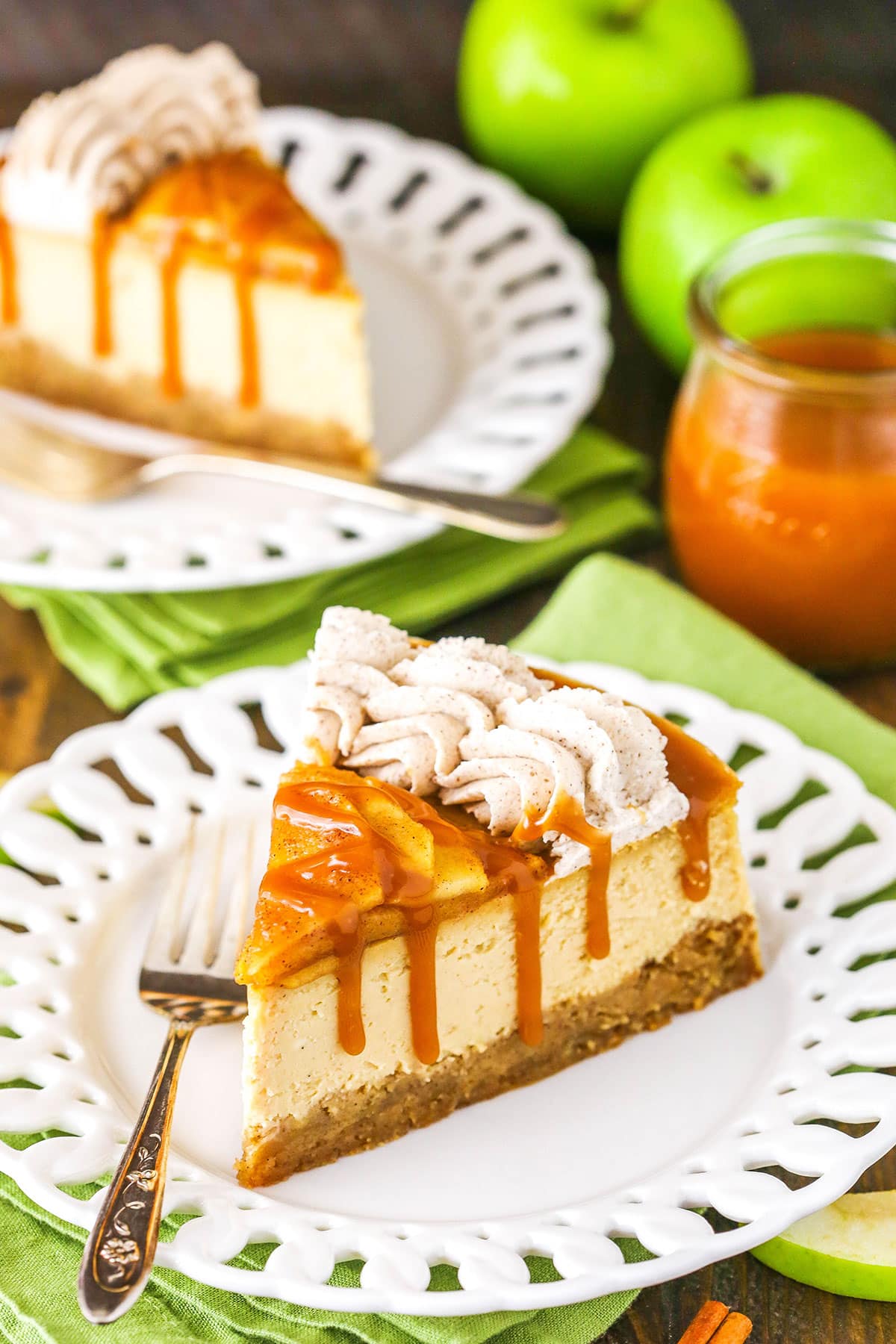 overhead angle image of two slices of cheesecake