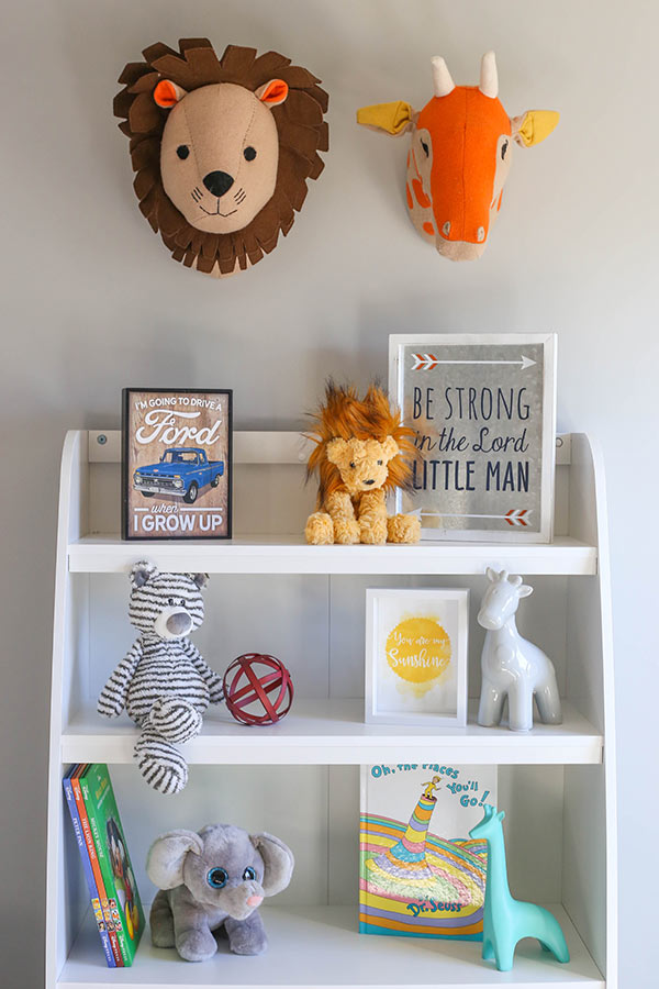 The Top Half of the Bookshelf With a Lion and Giraffe Head Above