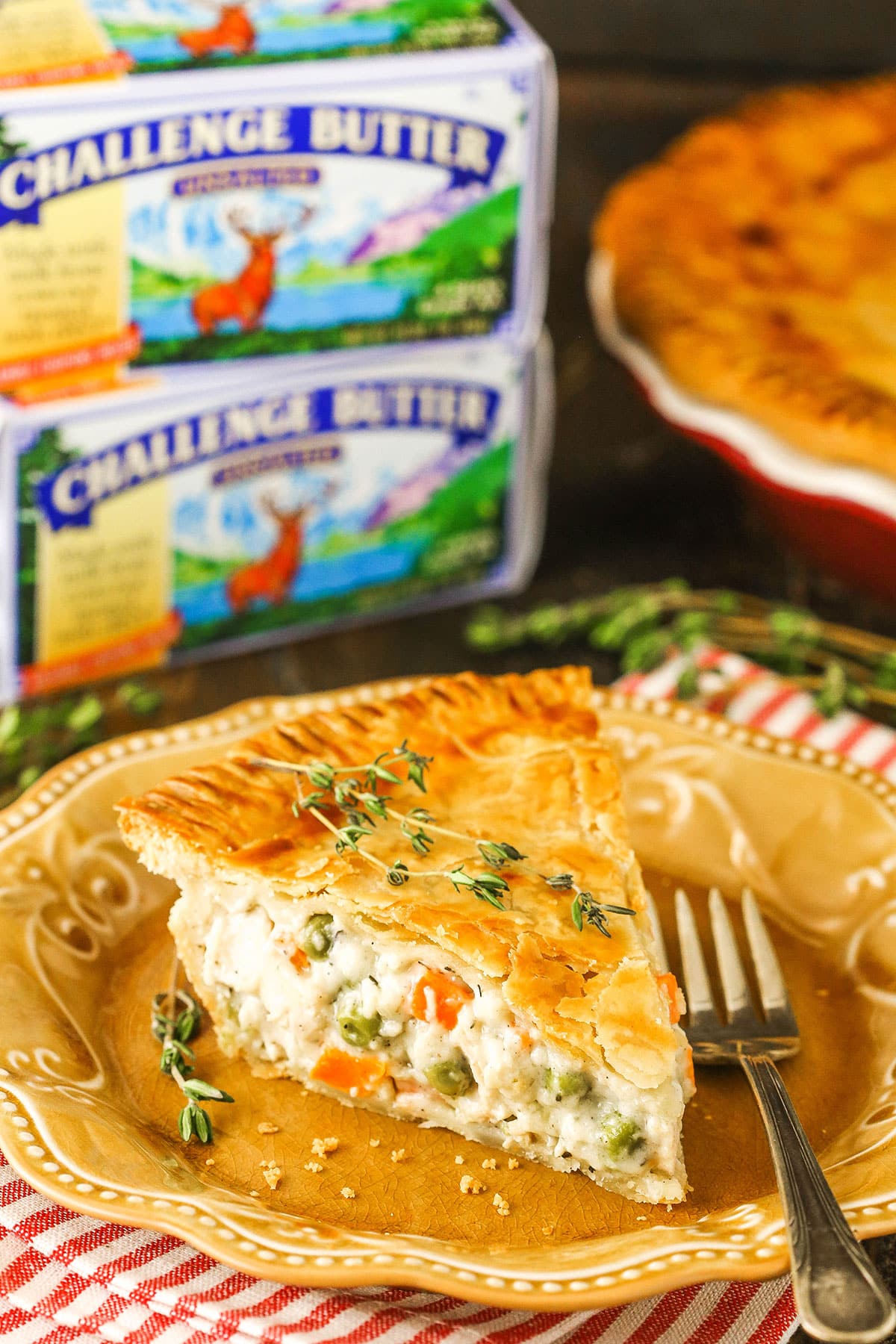 chicken pot pie slice with challenge butter packaging