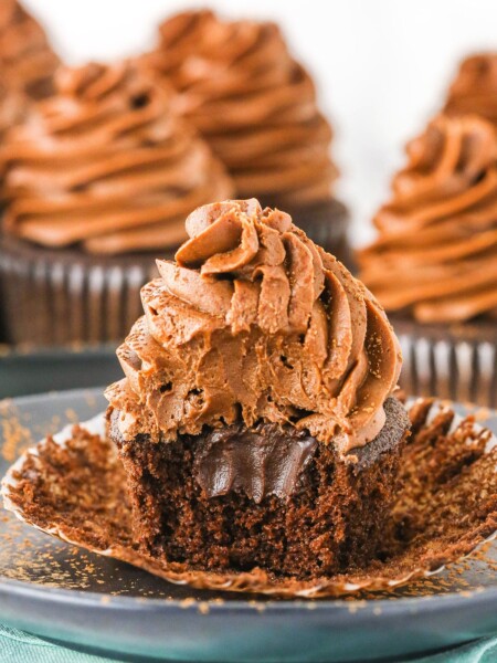 Chocolate cupcake with a bite taken out