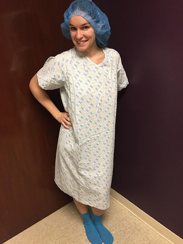 Lindsay in a Hospital Gown with Blue Socks and a Hair Net