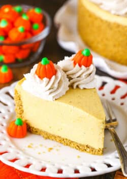 A Piece of No Bake Pumpkin Cheesecake on a White Plate with a Fork