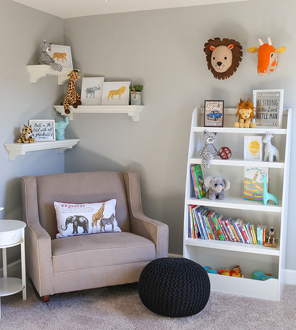 The Rocker, Shelves and Some of the Wall Decor in our Safari Animal Nursery