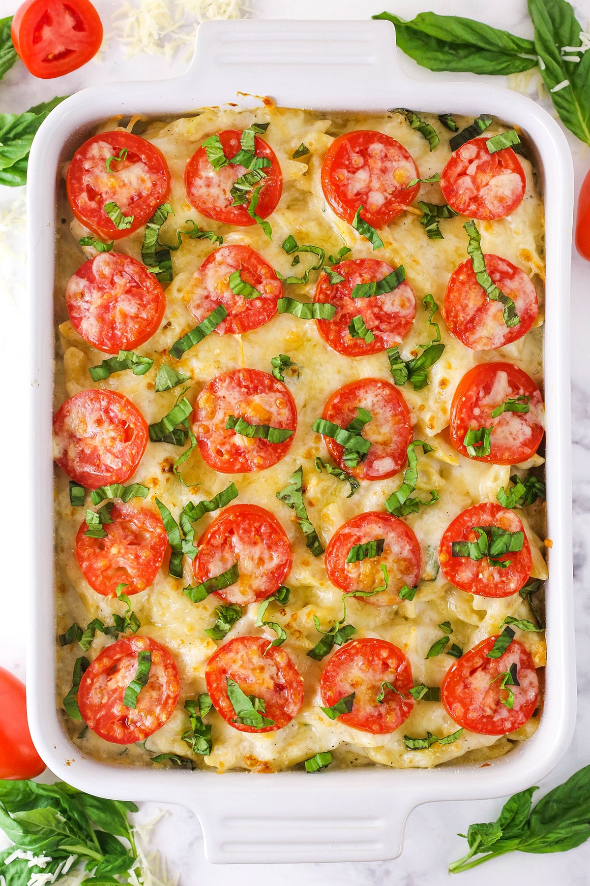 Full Tomato Basil Macaroni and Cheese overhead image