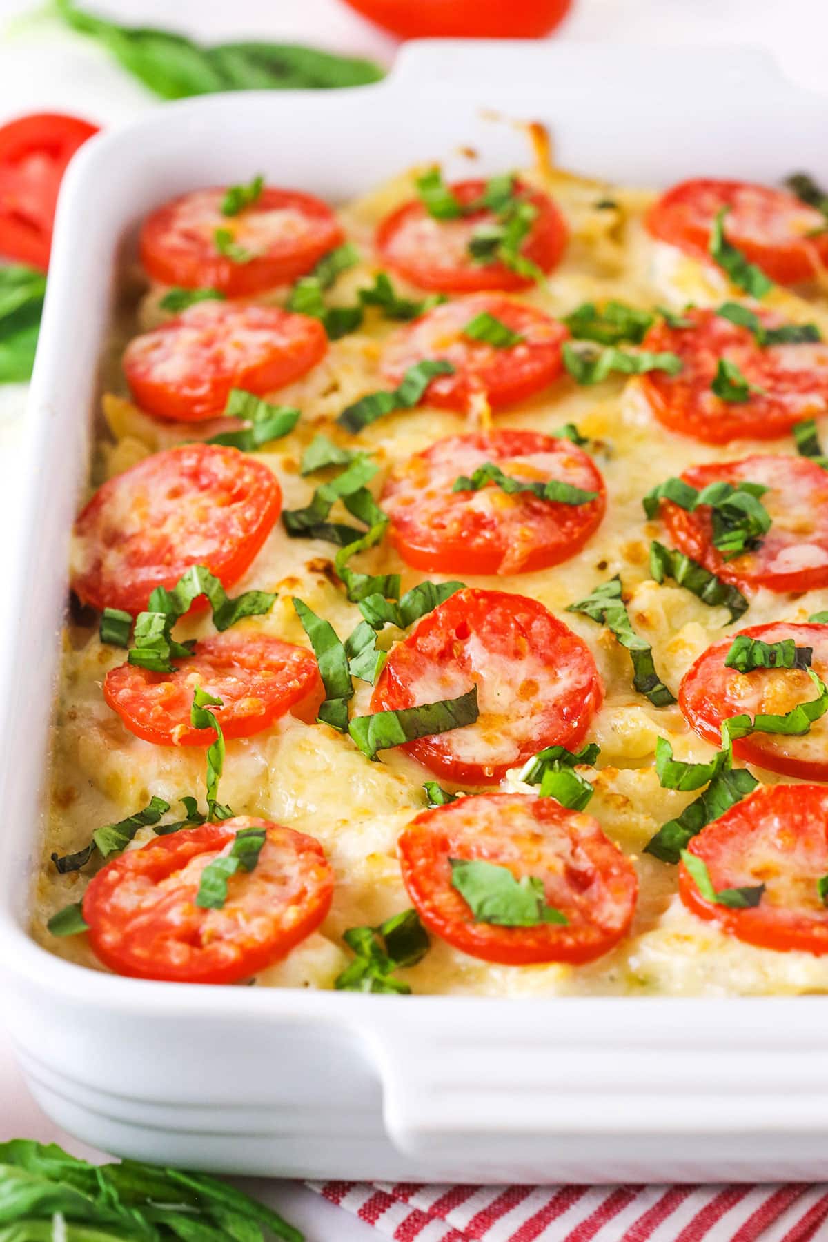 Tomato Basil Macaroni and Cheese in casserole dish