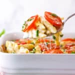 Tomato Basil Macaroni and Cheese being scooped up