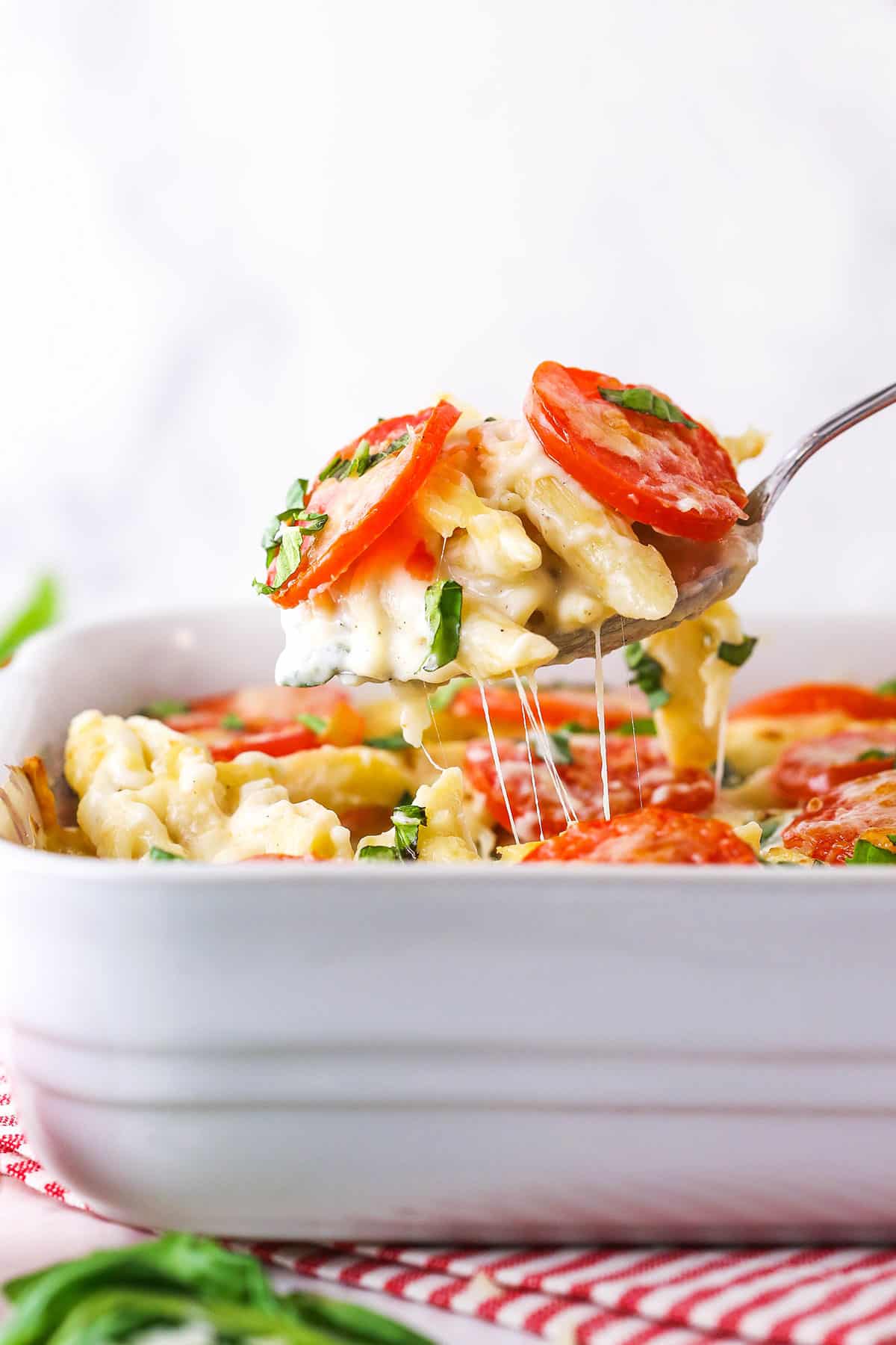 Tomato Basil Macaroni and Cheese being scooped up