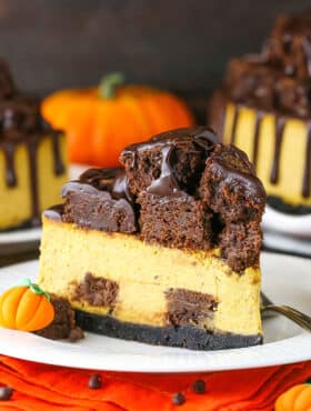 slice of chunkin chocolate pumpkin cheesecake