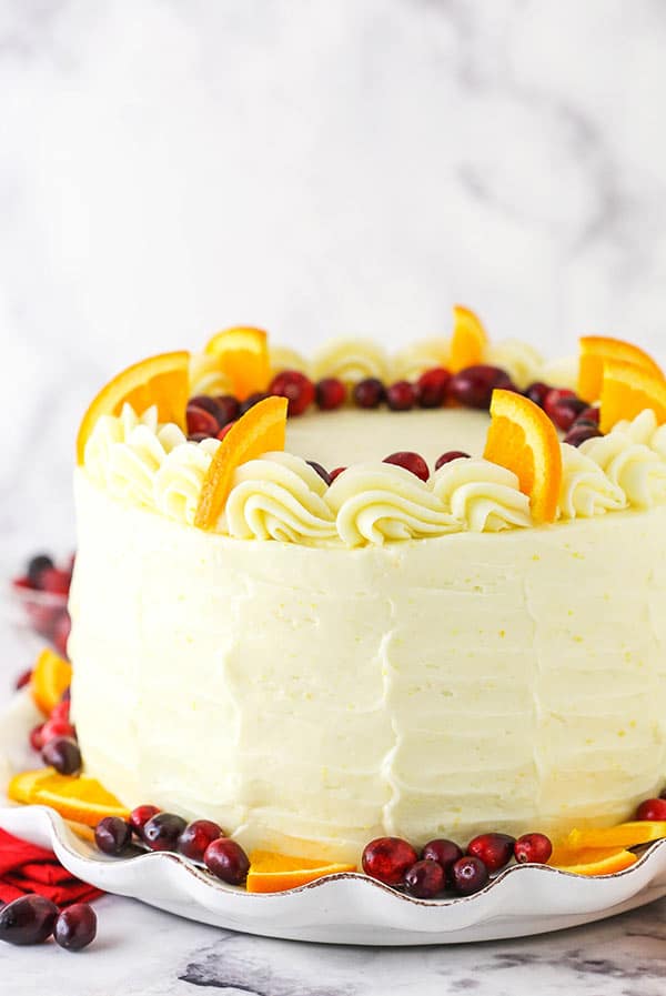 side view of cranberry orange layer cake