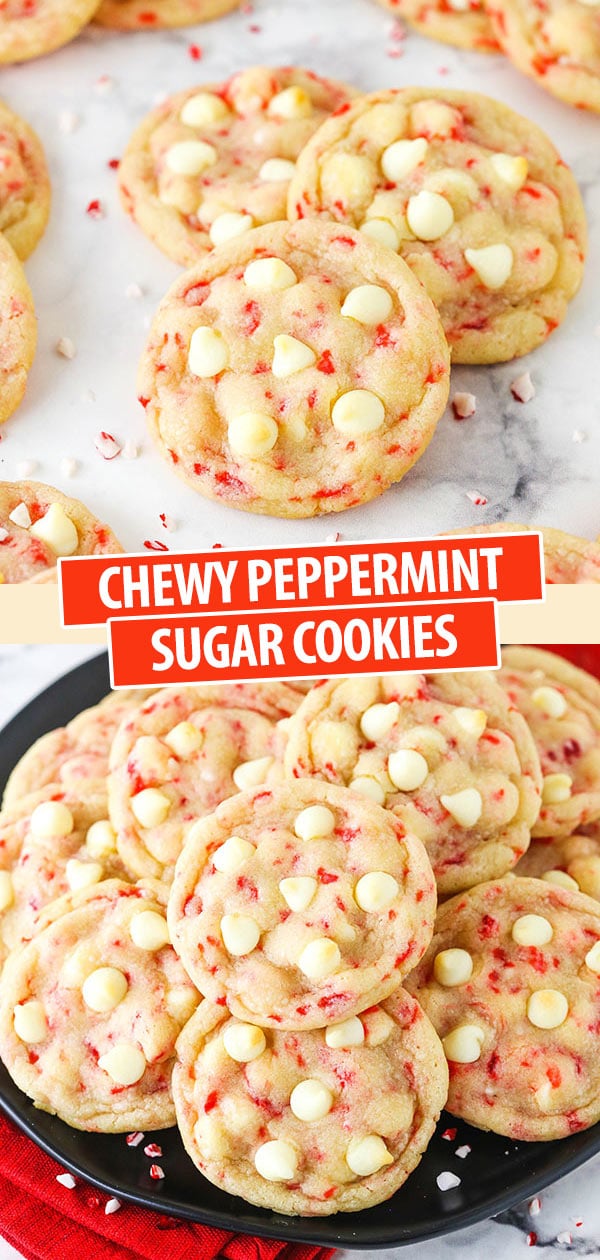 three peppermint cookies on countertop and full plate of cookies on red napkin