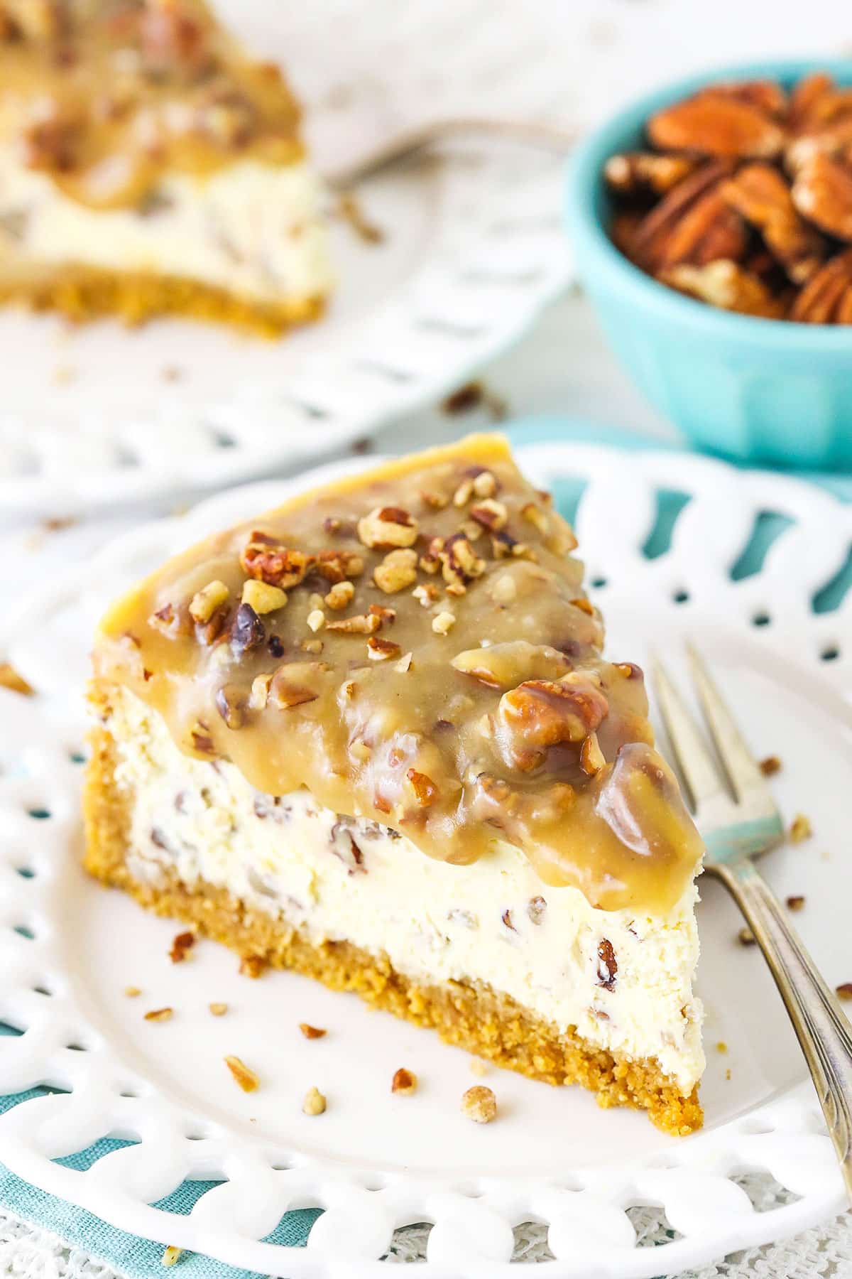 pecan praline cheesecake at an angle