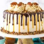 Side view of a full Turtle Chocolate Layer Cake on a white cake stand