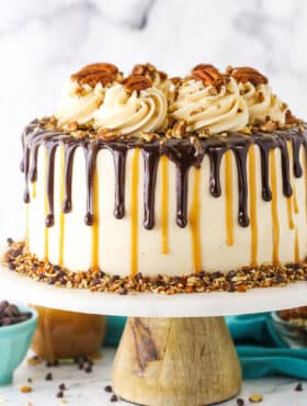 Side view of a full Turtle Chocolate Layer Cake on a white cake stand