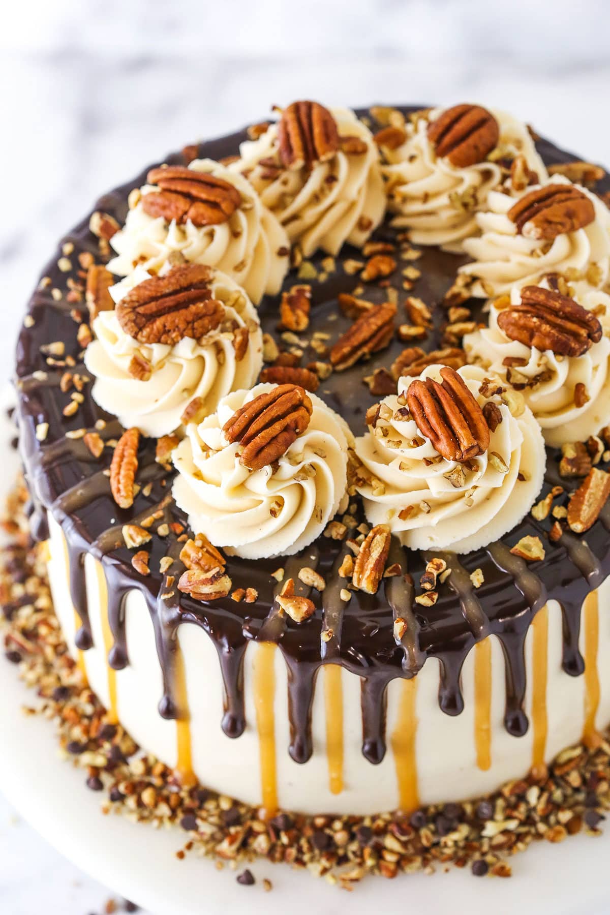 Overhead view of a full Turtle Chocolate Layer Cake