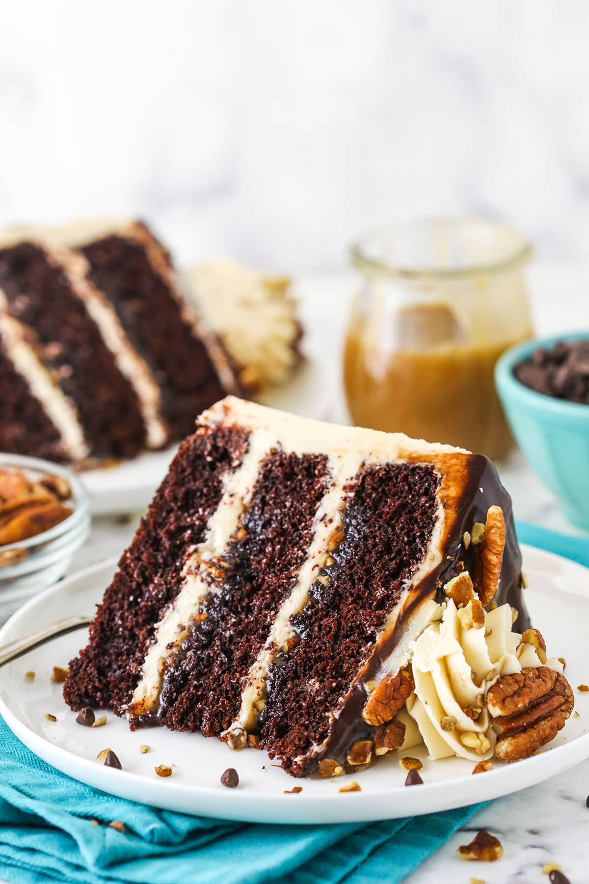 A slice of Turtle Chocolate Layer Cake on it's side on a white plate