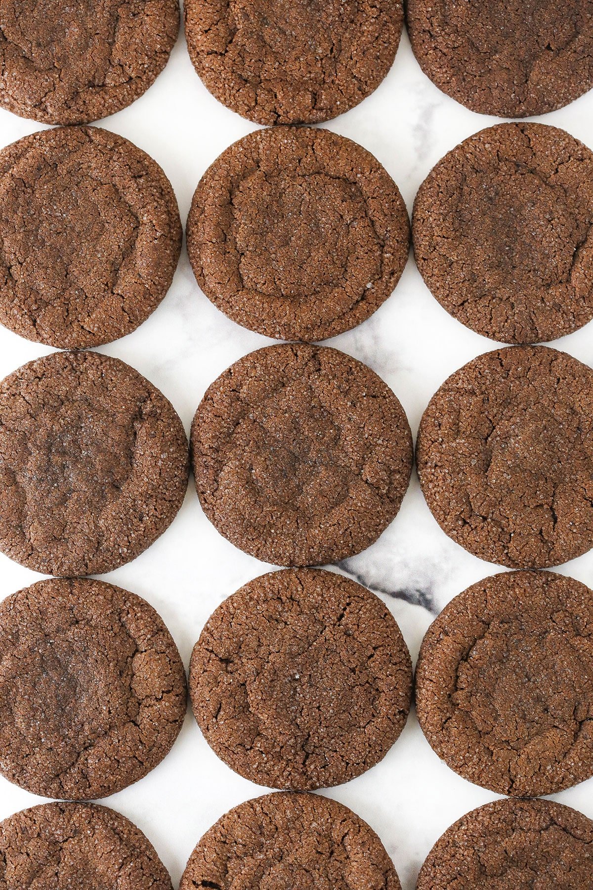 Chocolate Sugar Cookies Lined up on a Marble Counter