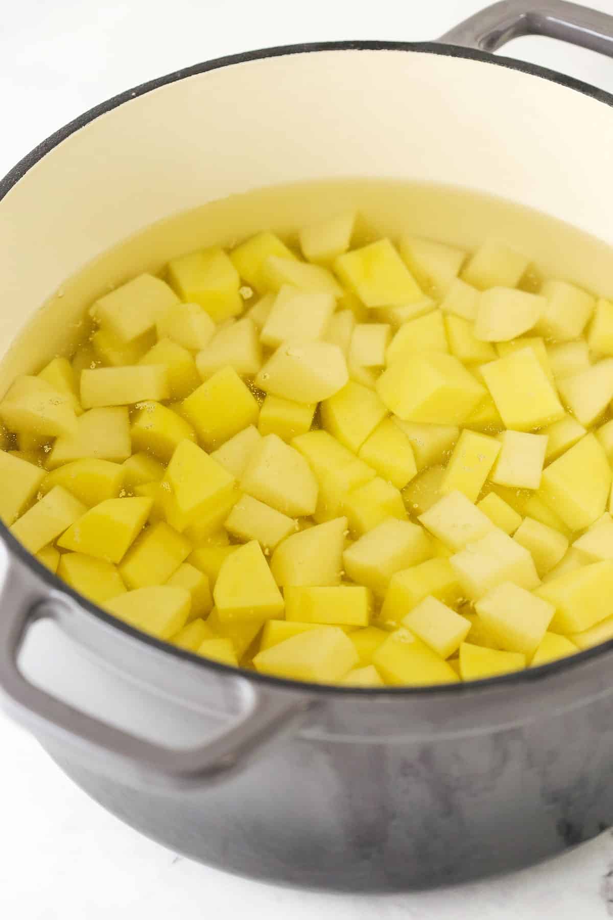 Step 1 boil chopped potatoes in water in a large pot