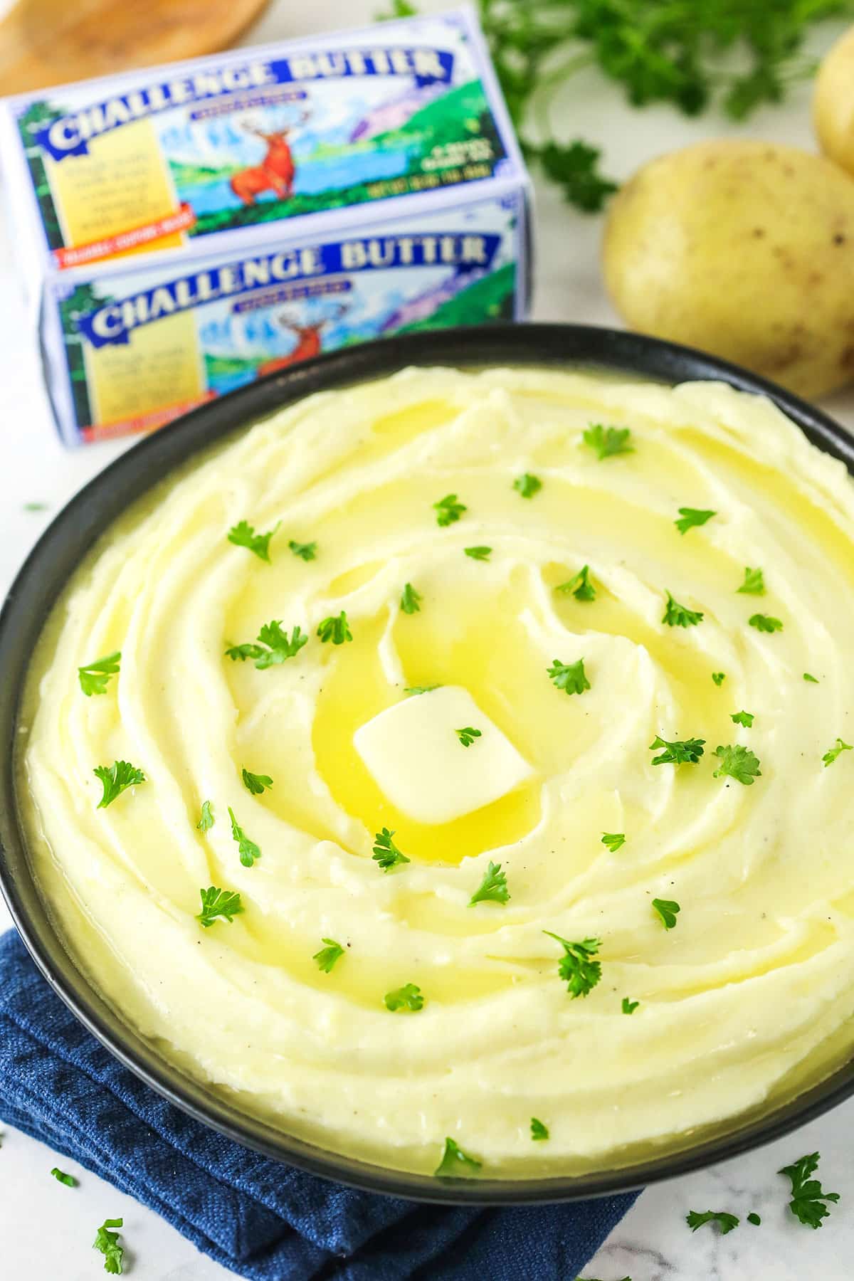 mashed potatoes with butter package in background