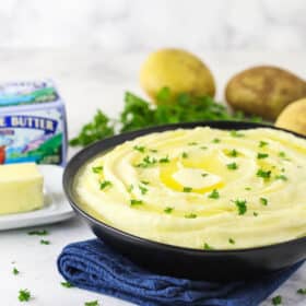 Landscape photo of creamy mashed potatoes.