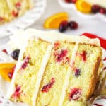 Overhead view of a slice of Cranberry Orange Layer Cake on it's side.