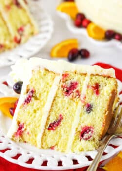 Overhead view of a slice of Cranberry Orange Layer Cake on it's side.