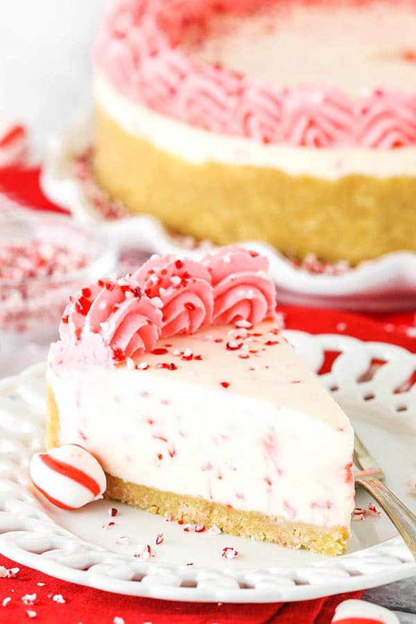 A Piece of Peppermint Cheesecake on a Plate with a Peppermint Candy