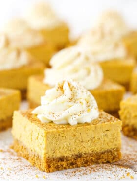 Pumpkin Cheesecake Bars topped with frosting swirls on a white table