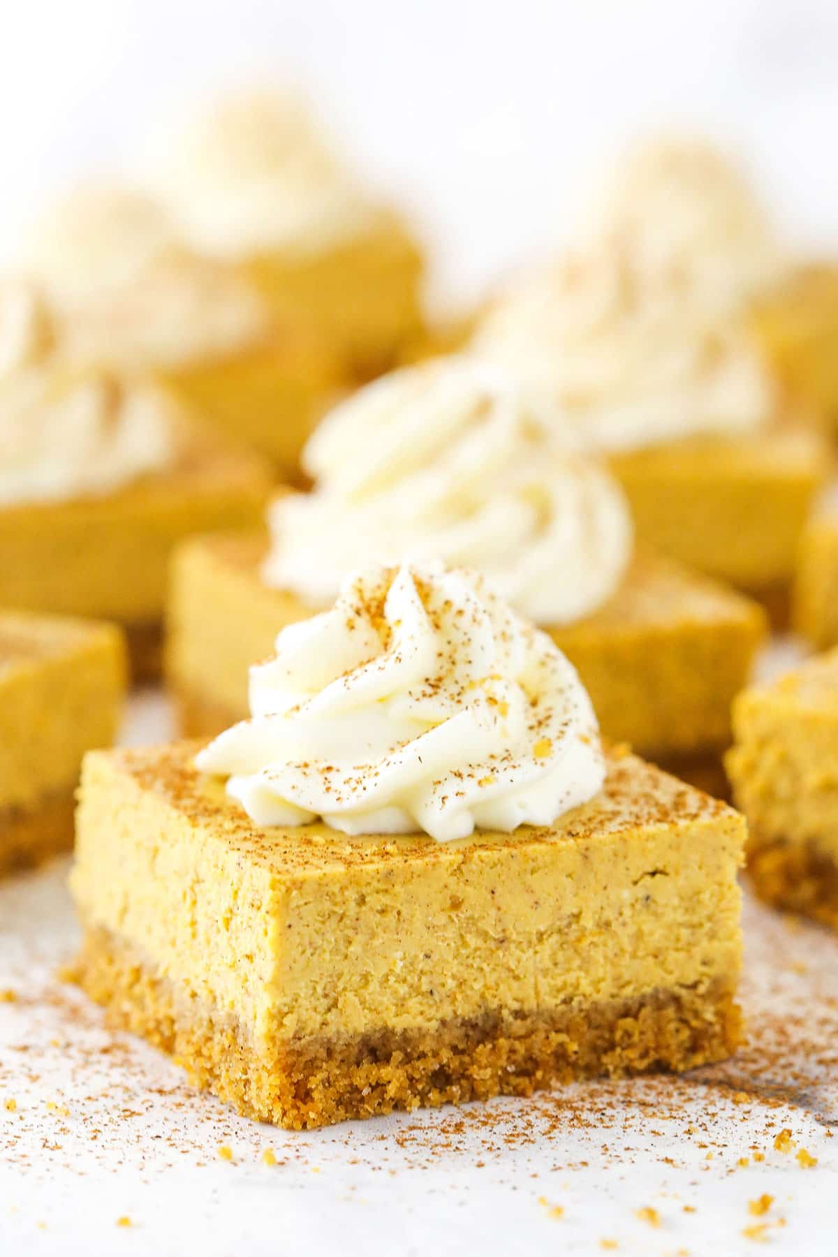 Pumpkin Cheesecake Bars topped with frosting swirls on a white table