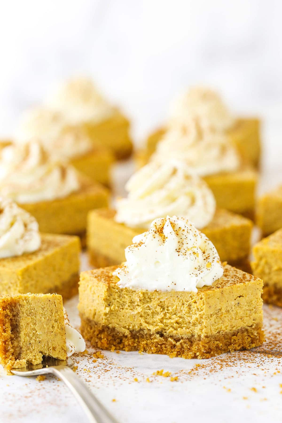 Pumpkin Cheesecake Bars topped with frosting swirls on a white table and one Pumpkin Cheesecake Bar with a bite taken