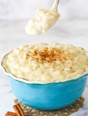 A Spoonful of Rice Pudding Hovering Over a Full Bowl