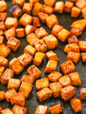 Roasted Sweet Potatoes Arranged on a Baking Pan