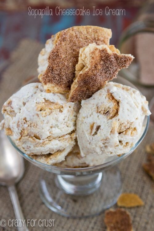 Three Scoops of Sopapilla Cheesecake Ice Cream in a Glass