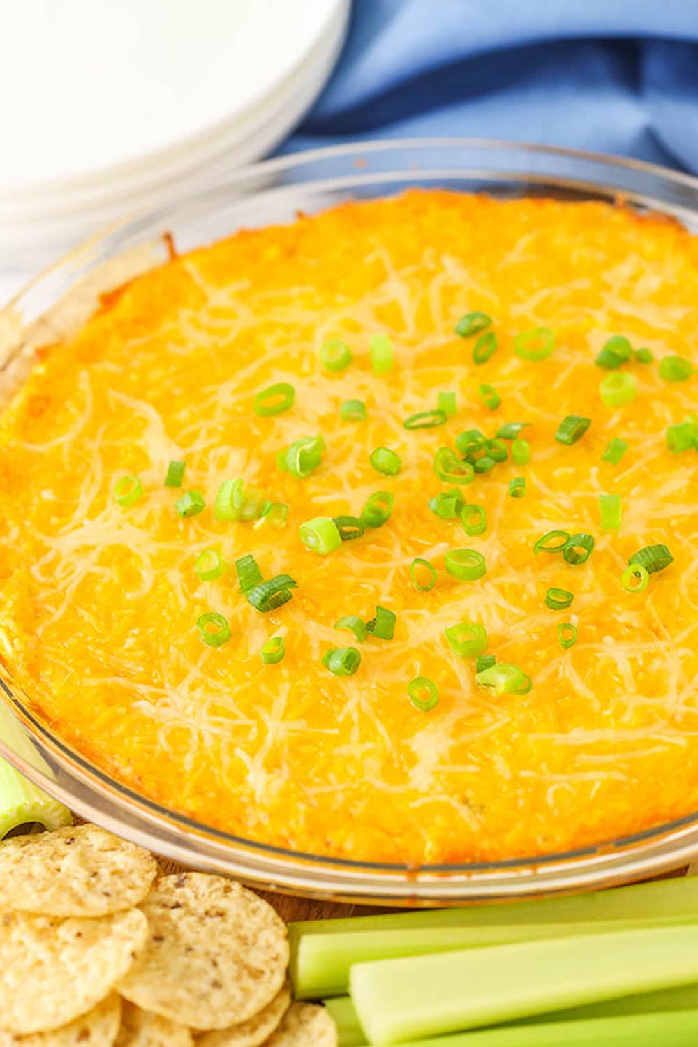A Large Bowl of Buffalo Chicken Dip Topped with Fresh Chives