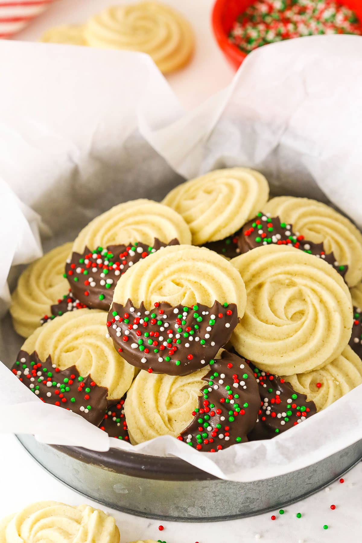 Chocolate Dipped Butter Cookies in a Metal Serving Dish