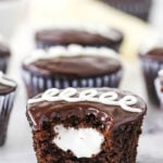 A Bitten Hostess Cupcake with Marshmallow Filling in the Middle