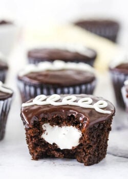 A Bitten Hostess Cupcake with Marshmallow Filling in the Middle