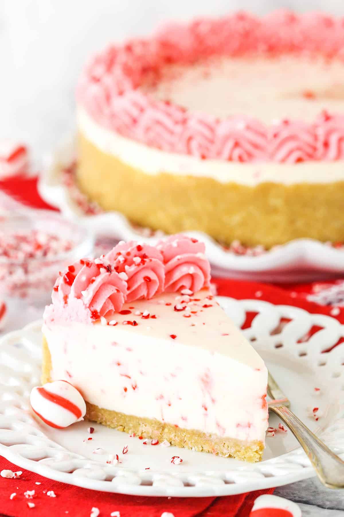 A Piece of Peppermint Cheesecake on a Plate with a Peppermint Candy