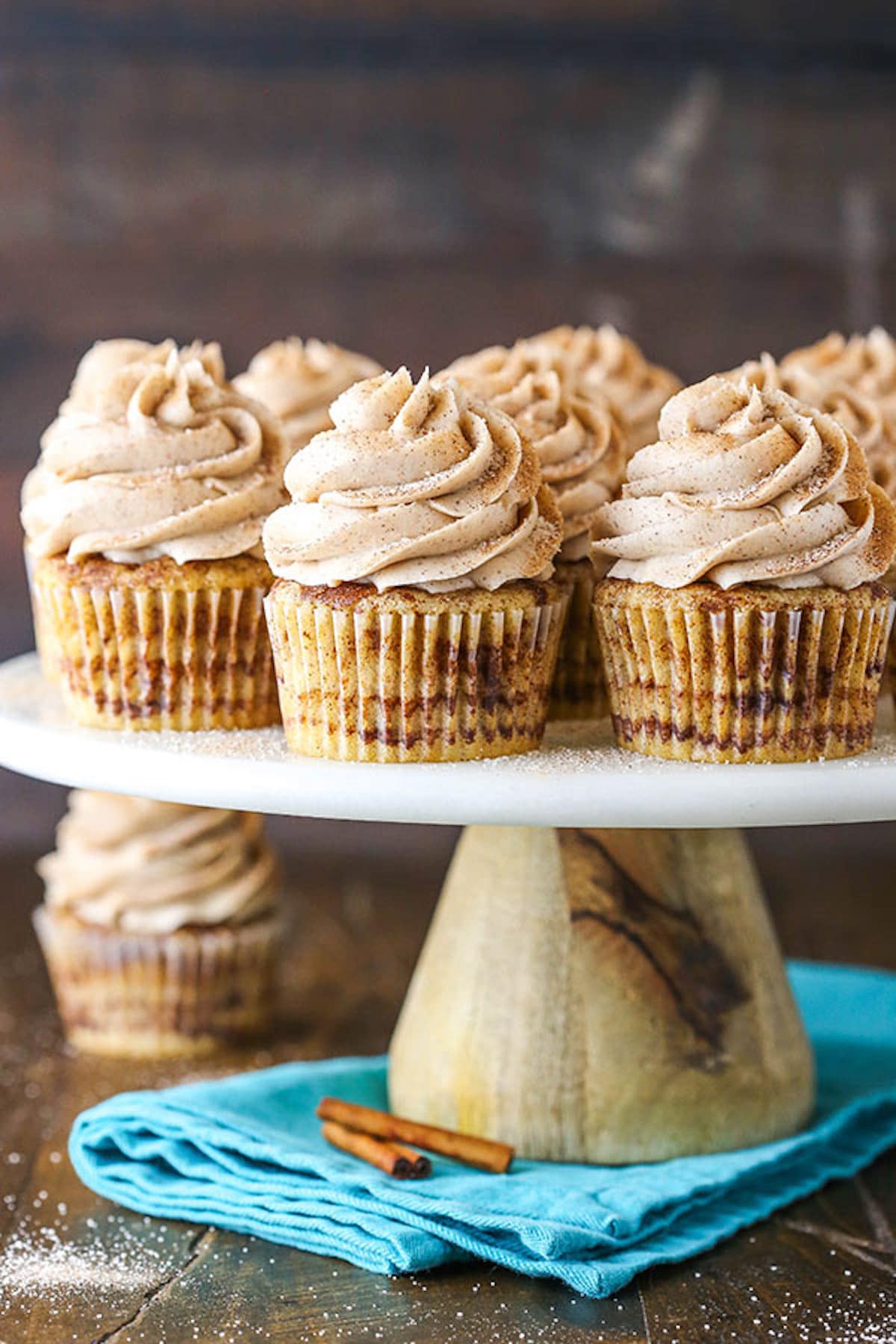 Frosted Cinnamon Cupcakes Arranged on a Cake Stand