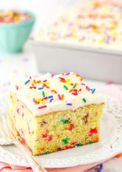 A Slice of Confetti Cake on a Plate with a Lace-Patterned Border