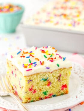 A Slice of Confetti Cake on a Plate with a Lace-Patterned Border