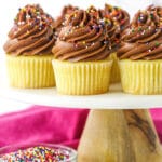 Yellow Cupcakes with Chocolate Frosting on a Cake Stand Next to a Bowl of Sprinkles