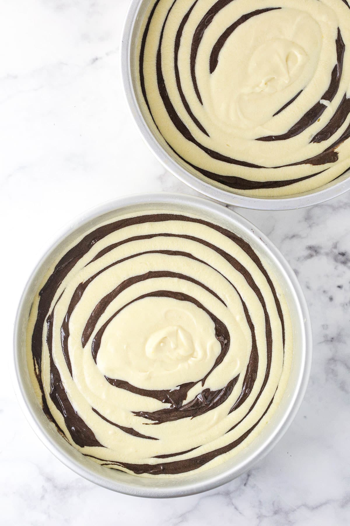 A Collage of the Vanilla and Chocolate Batter in the Cake Pans Before and After Baking