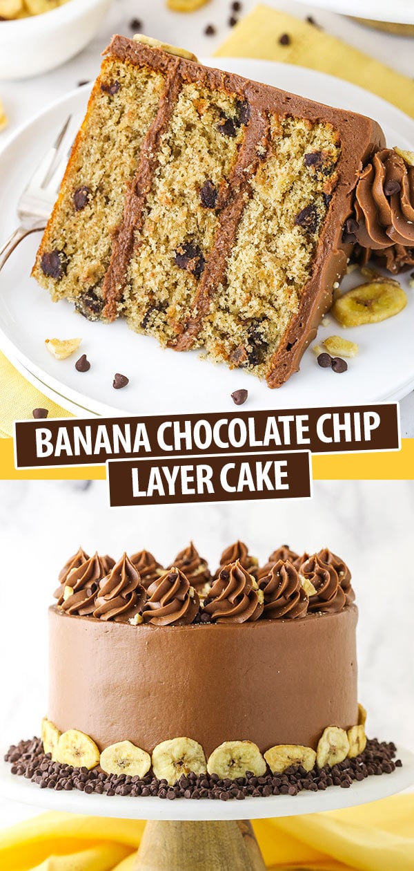a slice of banana chocolate chip cake and the full cake on a cake stand