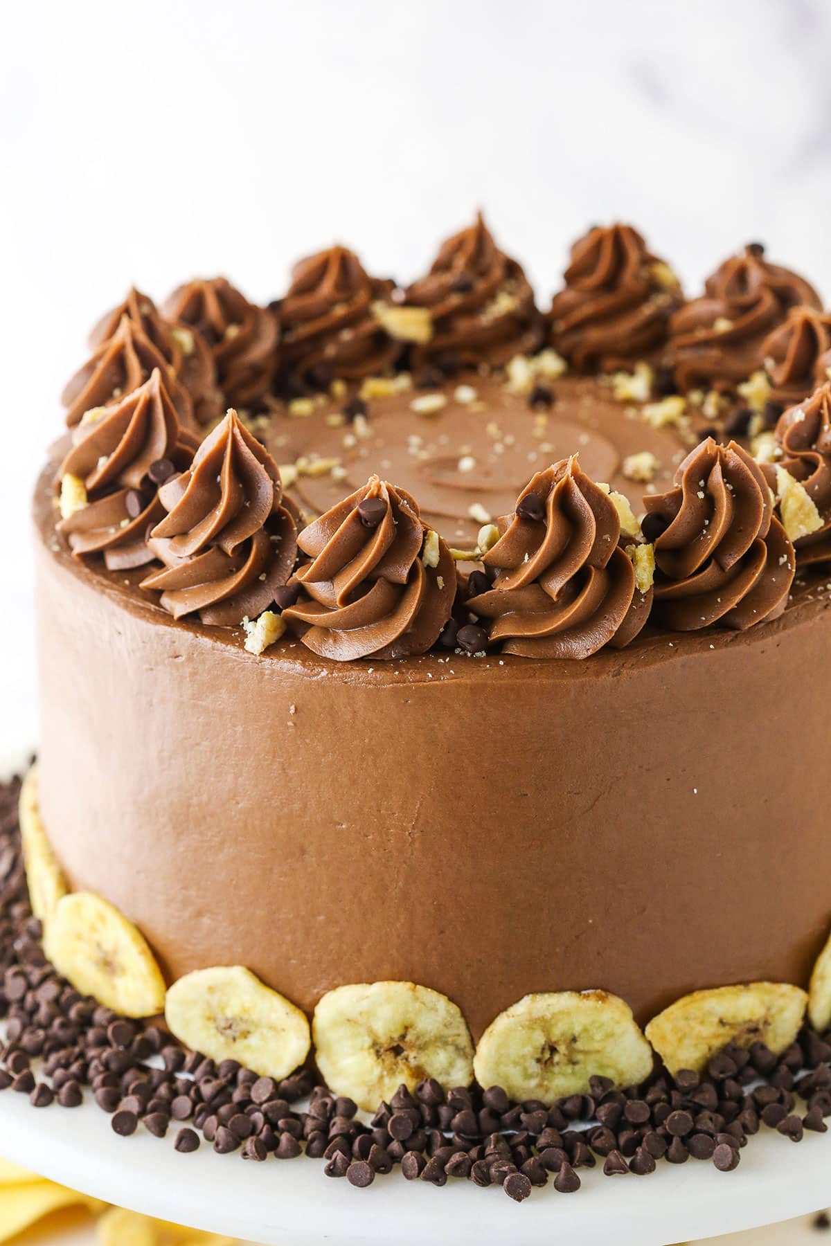 Side view of banana chocolate cake with chocolate frosting swirls and bits of crushed banana chips and chocolate chips on top.