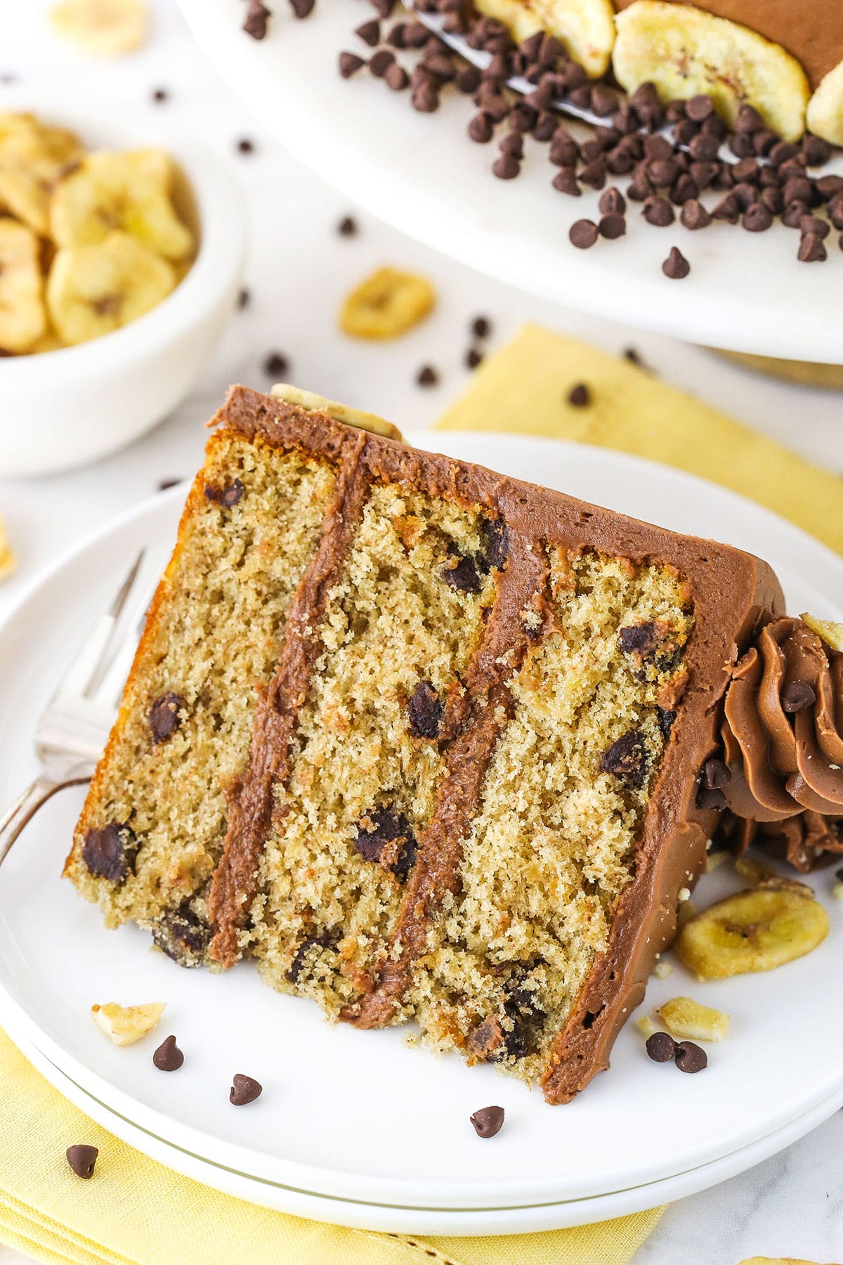 A slice of banana chocolate chip cake 
with chocolate frosting on white plate.