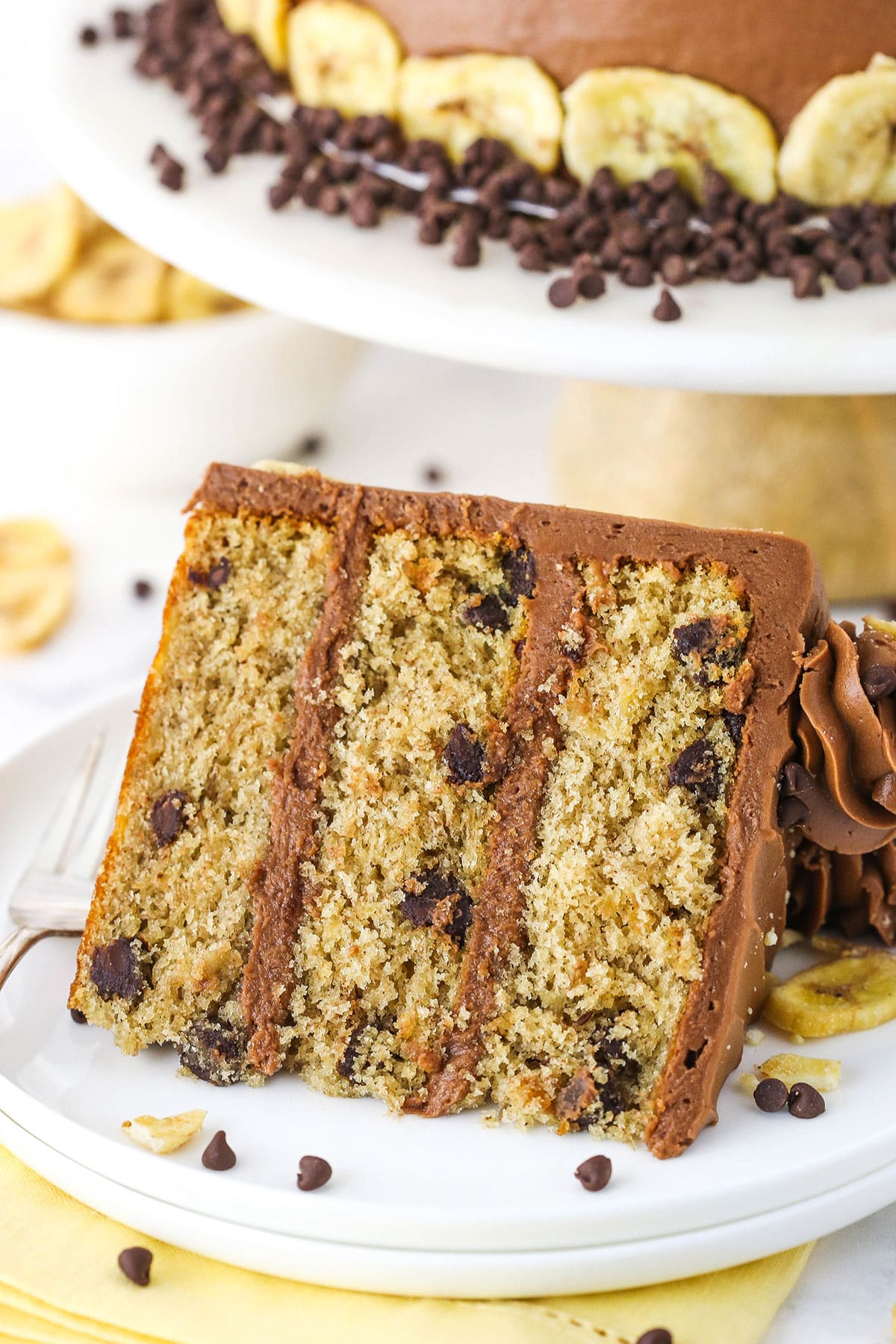 A slice of banana chocolate chip cake 
with chocolate frosting on a white plate.