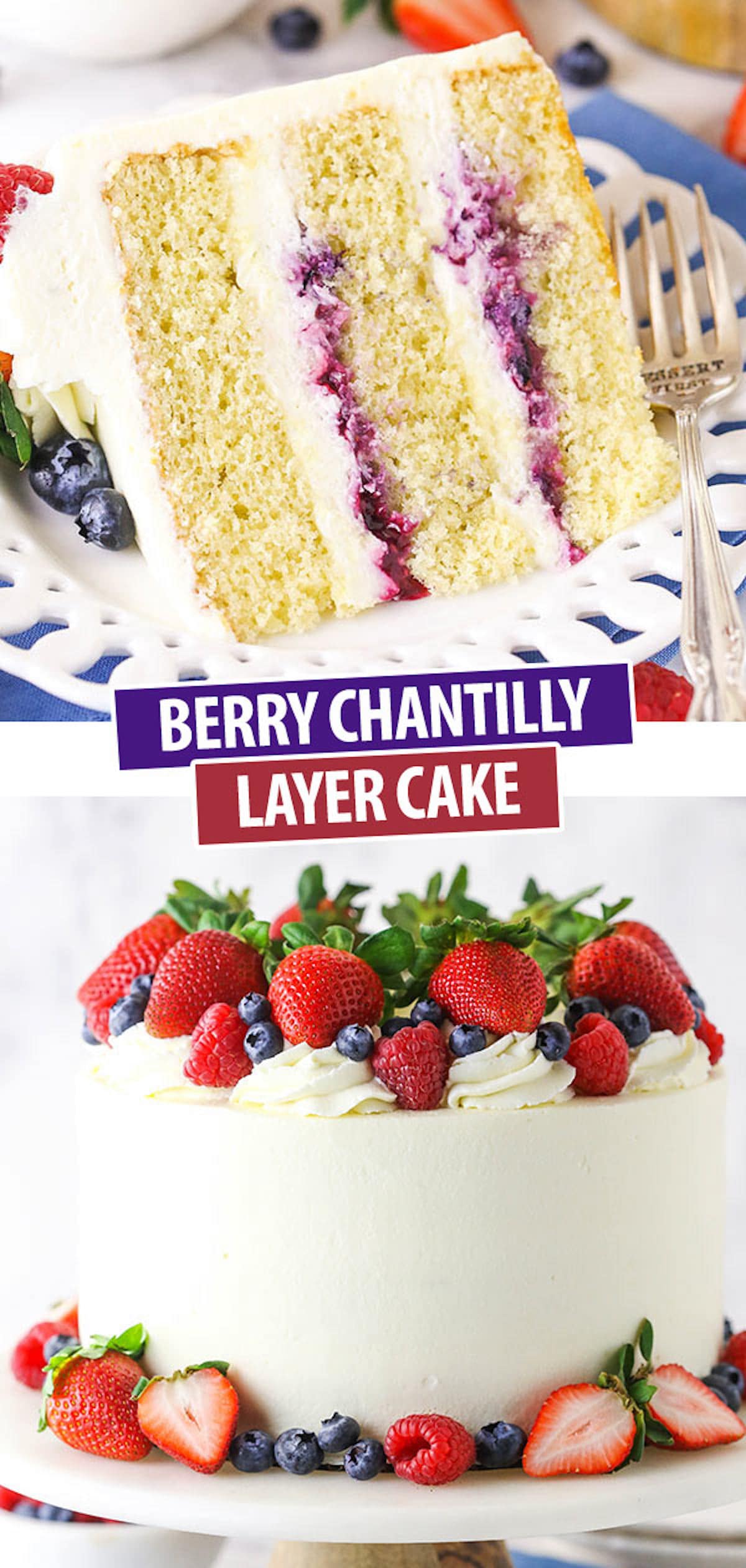 A Collage of Two Images of Berry Chantilly Cake Showing The Whole Cake Plus One Slice