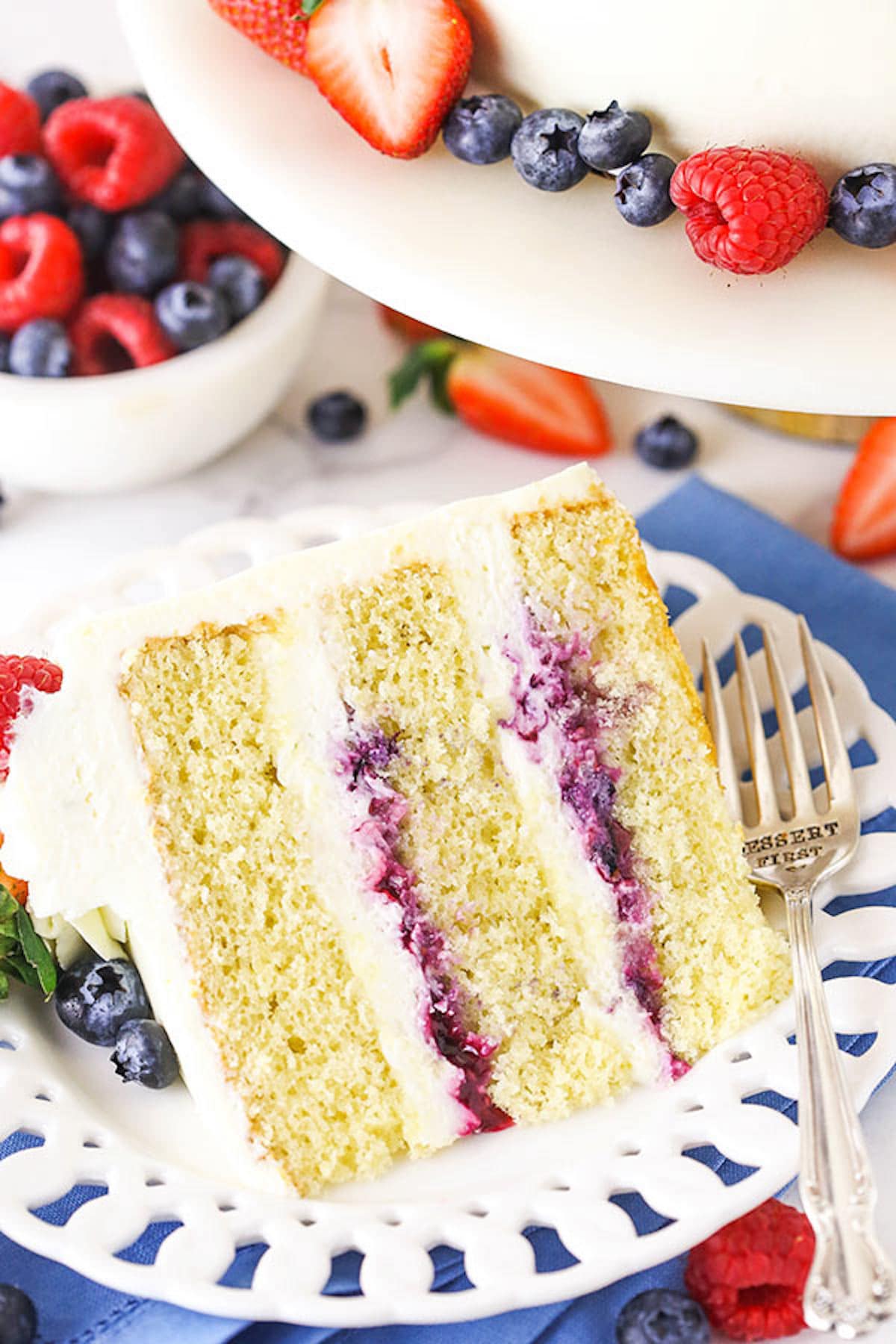 A Slice of Berry Cake on a Decorative White Plate with a Metal Fork