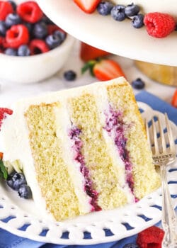 A Piece of Chantilly Layer Cake on a Plate with Fresh Berries