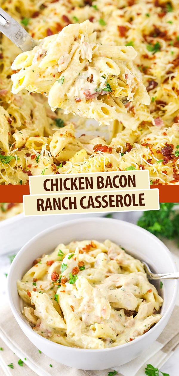 A Collage of Two Images of Chicken Bacon Ranch Casserole showing a spoonful of casserole and a bowl of casserole